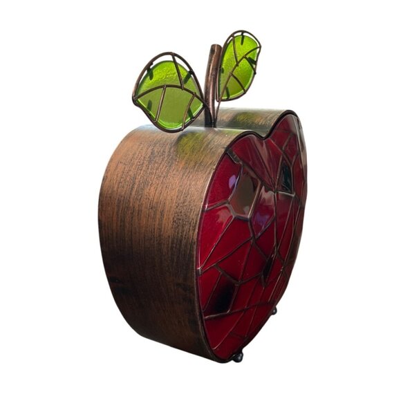 Red Apple Tiffany-Style Stained Faux Glass With Green Leaves 3D 10x8x4 - Picture 3 of 4